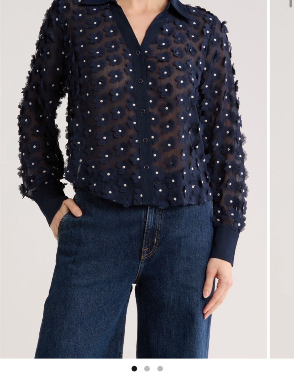 Adrianna Papell Navy Sheer Floral Appliqué Button-Front Blouse